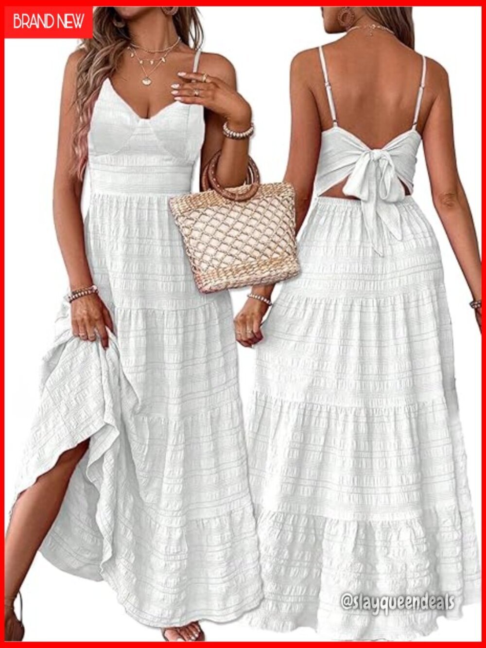 Spaghetti Strap Maxi Dress with Bow Tie Back, Boho Beach Vacation Sundress